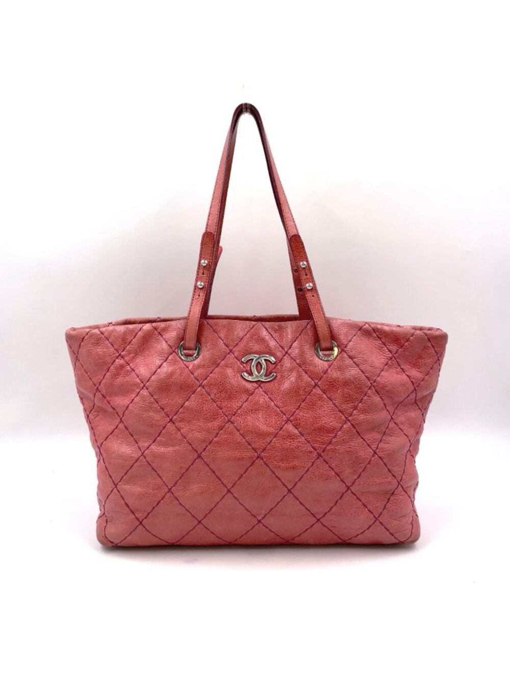 Chanel CC Logo on the Road Leather Pink Red Tote Bag Silver
